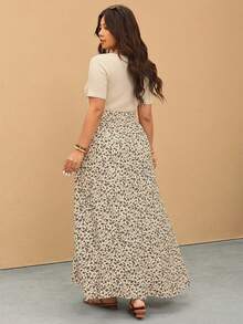 Elaquor Plus Size Women Summer Casual Patchwork Ditsy Floral High Slit Round Neck Dress - Apricot - View 2