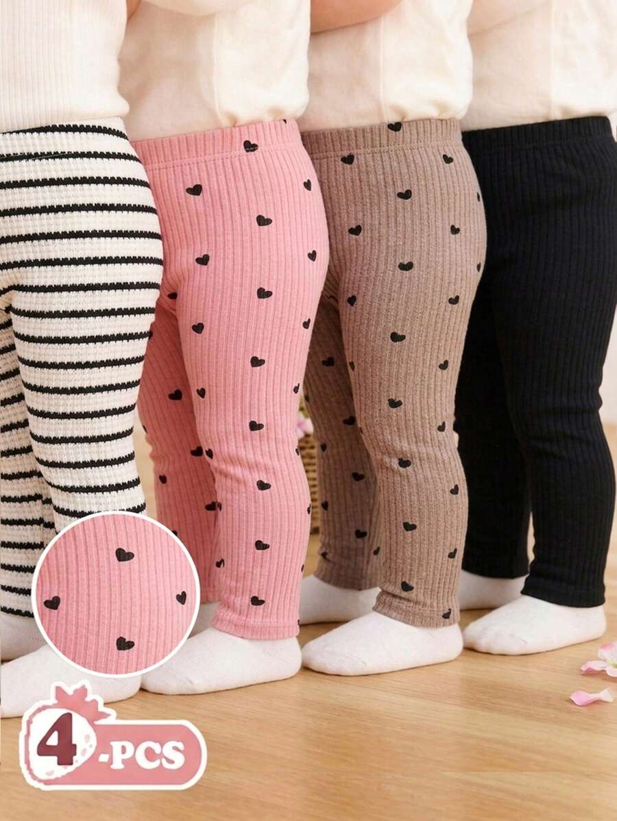 Souflis Souflis 4件裝女嬰甜美休閒愛心條紋羅紋印花修身直筒長褲,適合日常出遊、學校活動、家庭聚會,四季皆宜 - 彩色 - 查看 1