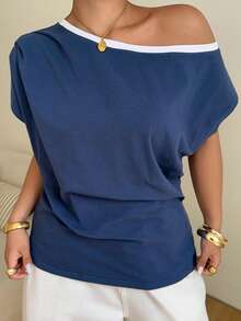 Dazy Plus Camiseta de manga corta con hombros descubiertos y fruncido en color block para mujer talla grande, azul, primavera/verano - Azul - Ver 7