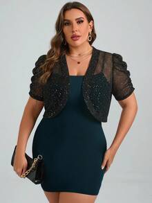 Chikora Plus Size Women's Shiny Casual Versatile Daily Outing Short Sleeve Cardigan Fall - Black - View 4