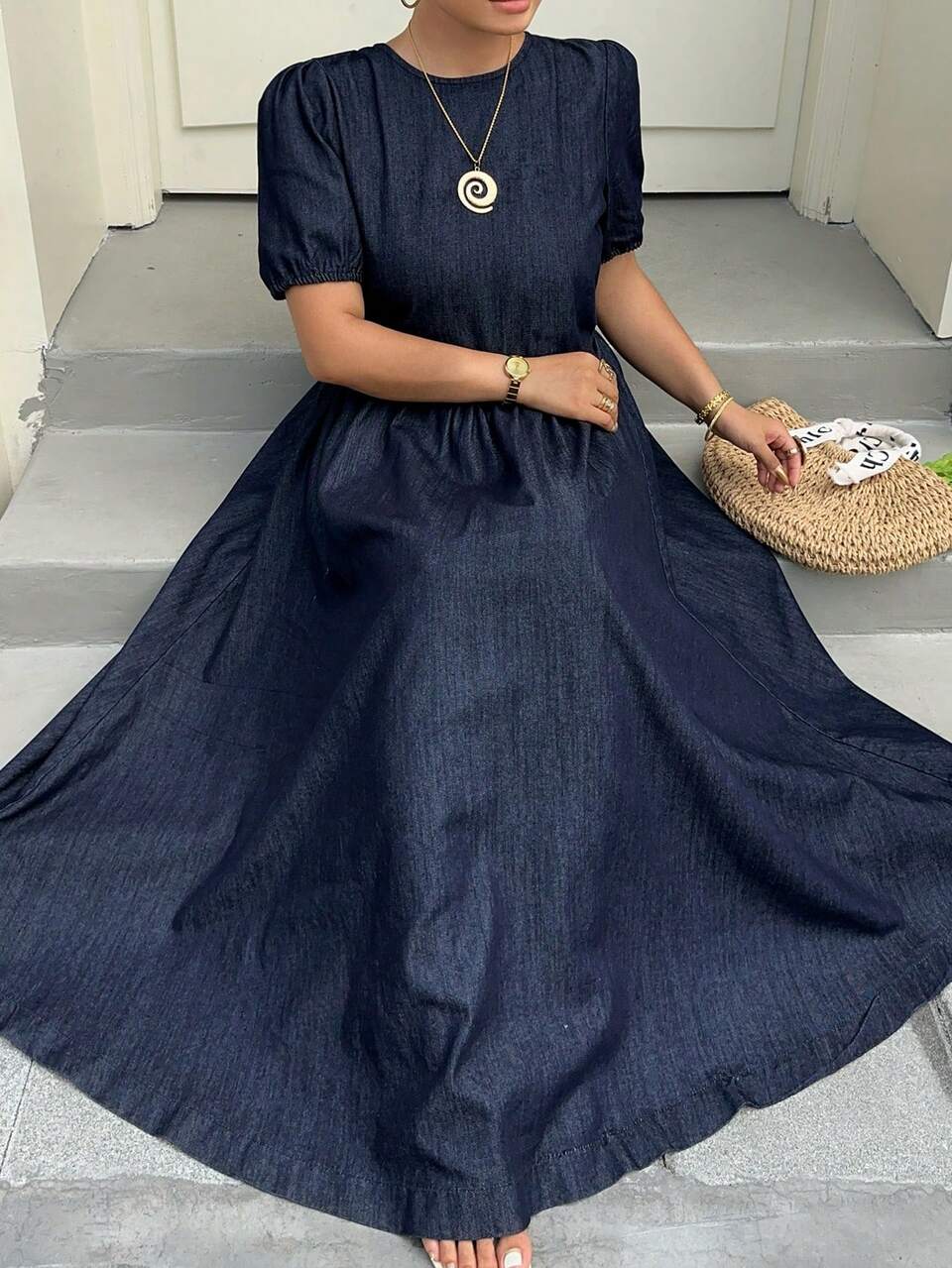 Dazy Plus Plus Size Women's Casual Long Denim Dress With Round Neck, Short Sleeve, Open Back, Bow Tie Design, Suitable For Spring And Summer
