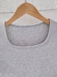 Body de manga corta blanco de punto para niñas preadolescentes, color liso, versátil, estilo callejero, para primavera/verano - Gris - Ver 8