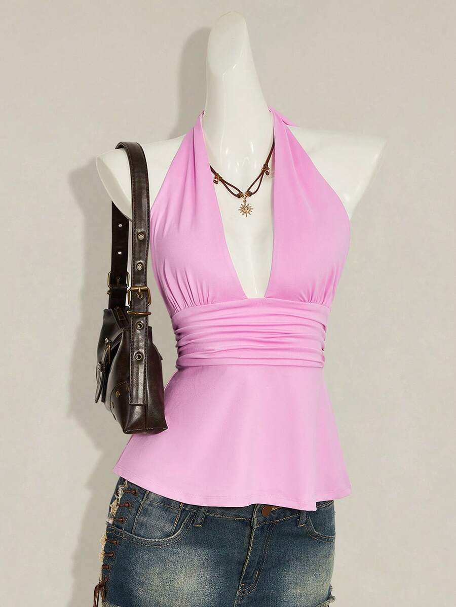 SHEIN ICON 萬聖節女性掛脖露背粉色娃娃裝背心,適合夜店、度假、外出,夏季性感款 - 粉色 - 查看 1