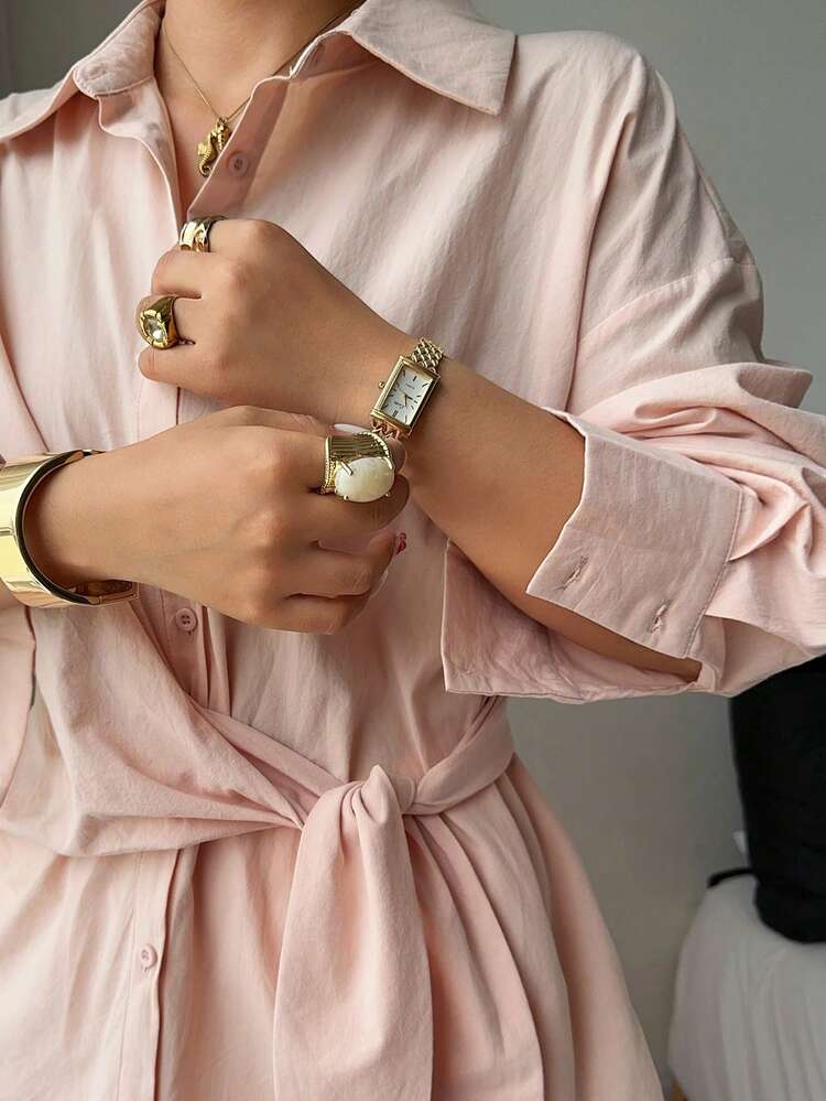 Dazy Plus Loose Business Casual Stylish Office Wear Pink Blouse With Waist Tie Design, Long Sleeve, Plus Size Women Spring Summer Autumn