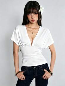 Rina Fox 女款薄荷藍深V領後背繫帶短袖性感修身上衣 - 白色 - 查看 5