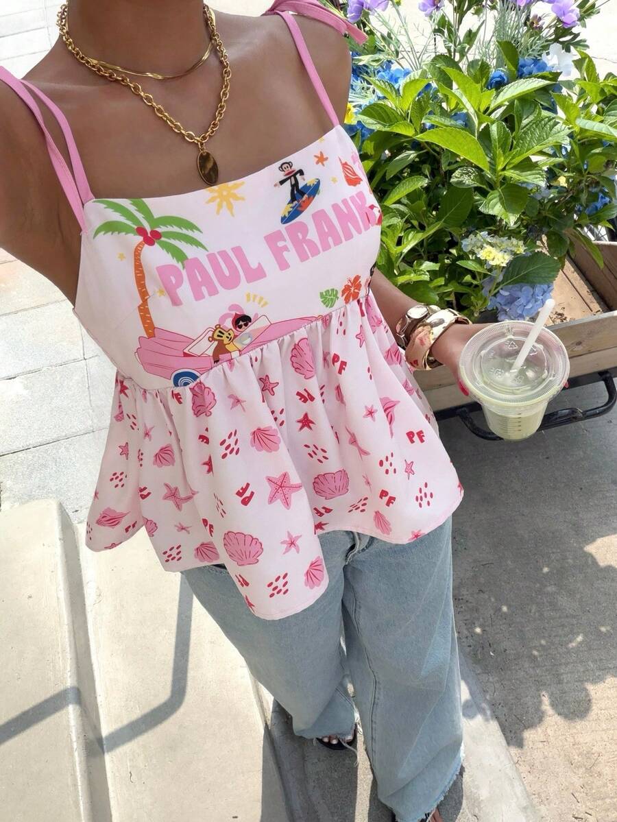 Muchica Paul Frank X SHEIN 女款字母與椰子樹印花休閒百搭日常細肩帶T恤 - 彩色 - 查看 1