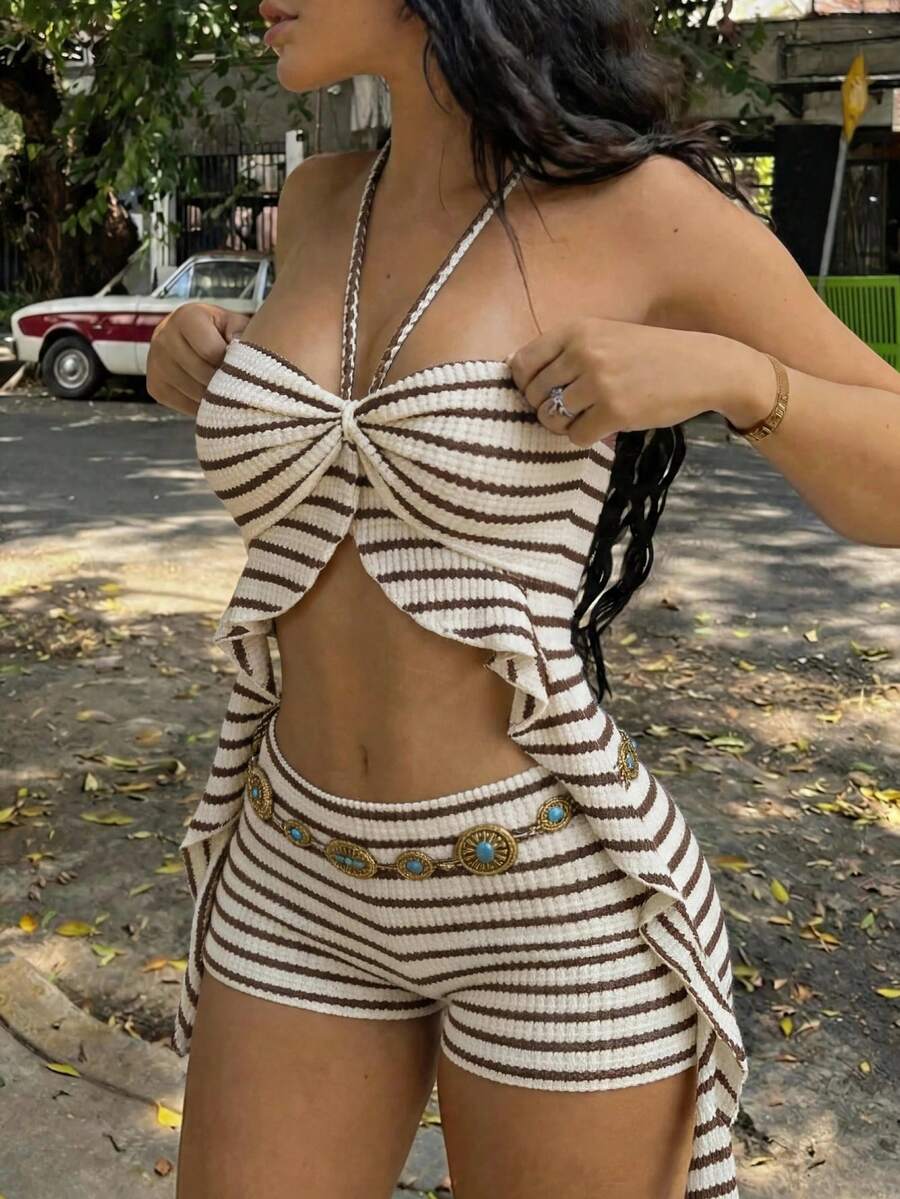 Soleia New Vacation Blue & White Striped Camisole Top And Mini Skirt Set, Summer, Spring, Vacation, Beach, Outing, Striped Two Pieces Set, Women's Vacation Two Pieces Set, Summer Two Pieces Set, Red & White Swimsuit, Swimwear Two Pieces Set, Party Outfit, Ruffle - Coffee Brown - View 1