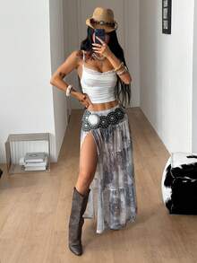 Coolane 女款夏季派對時尚度假電音節優雅復古沙灘舒適灰色低腰裙，波希米亞風 - 黑與白 - 查看 2