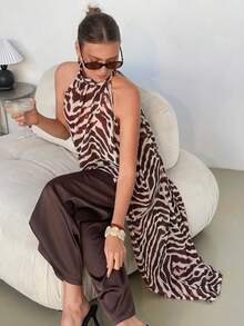 Lavishia Chemise en mousseline de soie sans manches à imprimé zébré à la mode pour femmes, convient pour l'été, les vacances, les fêtes et les tenues décontractées - Marron - Voir 7
