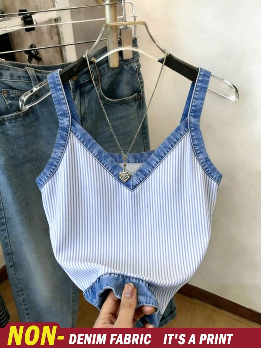 Resyla 女士休闲条纹印花饰边吊带背心,适合夏季度假和日常通勤 - 彩色 - 查看 1