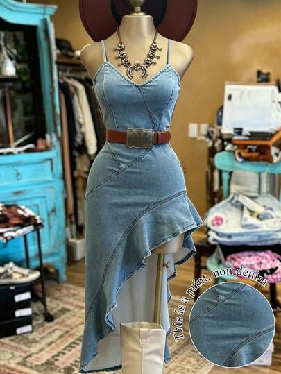 SuriyaCove Vestido de mezclilla con escote en V asimétrico y tirantes finos para mujer