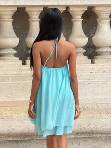 Mima John Women's Chiffon Layered Ruffle Sleeveless Mini Dress Party Elegant Summer - Blue - View 2