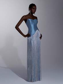 Elitara Elegant, , Fashionable Blue Satin & Mesh Patchwork Tassel Decor Fishtail Hem Dress, Suitable For Party, Wedding Guest, Formal Evening Gown - Blue - View 4