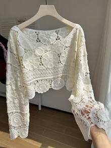 Comfortcana Women's Plus Size Bell Sleeve Hollow Out Knit Cardigan Winter - Apricot - View 4