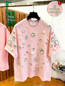 GlowEve Women's Round Neck Short Sleeve Fashionable Printed Elegant Summer Versatile T-Shirt - Pink - View 1