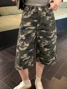 Livesso 女士宽松休闲街头迷彩绿色直筒七分牛仔短裤，适合春夏穿着 - 綠色 - 查看 6