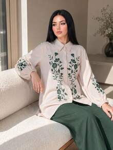 Auveirra 大尺碼女款花卉印花長袖鈕扣襯衫與長褲休閒兩件套優雅 - 綠色 - 查看 6