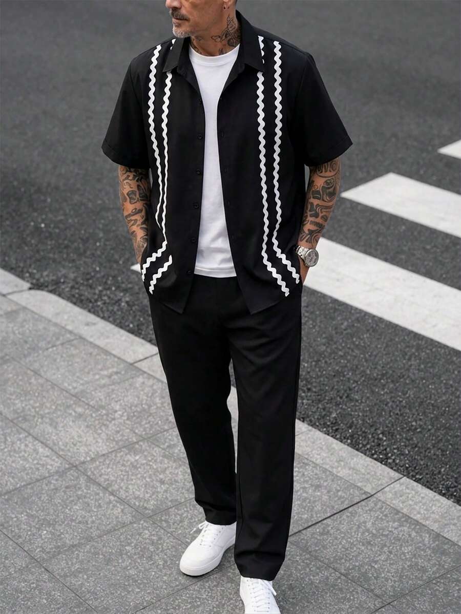 Manfinity Homme 男士對比色蕾絲短袖襯衫與長褲休閒套裝 - 黑色 - 查看 1