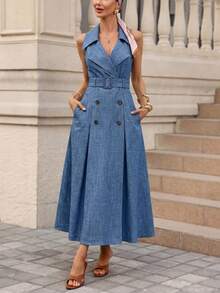 Editum Rochie elegantă de vară pentru femei, albastră, cu buline, rever și breton dublu, fără mâneci, croială A-line, midi, stil retro francez, pentru vacanță și brunch - Albastru - Vizualizare 12