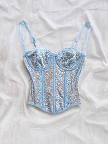 Soleia 女款度假藍白印花蕾絲飾邊胸衣吊帶背心，骨架塑形修身版型背心上衣，適合派對、情人節、約會、下午茶、海灘、郵輪、嘉年華、春夏假期 - 藍色 - 查看 4