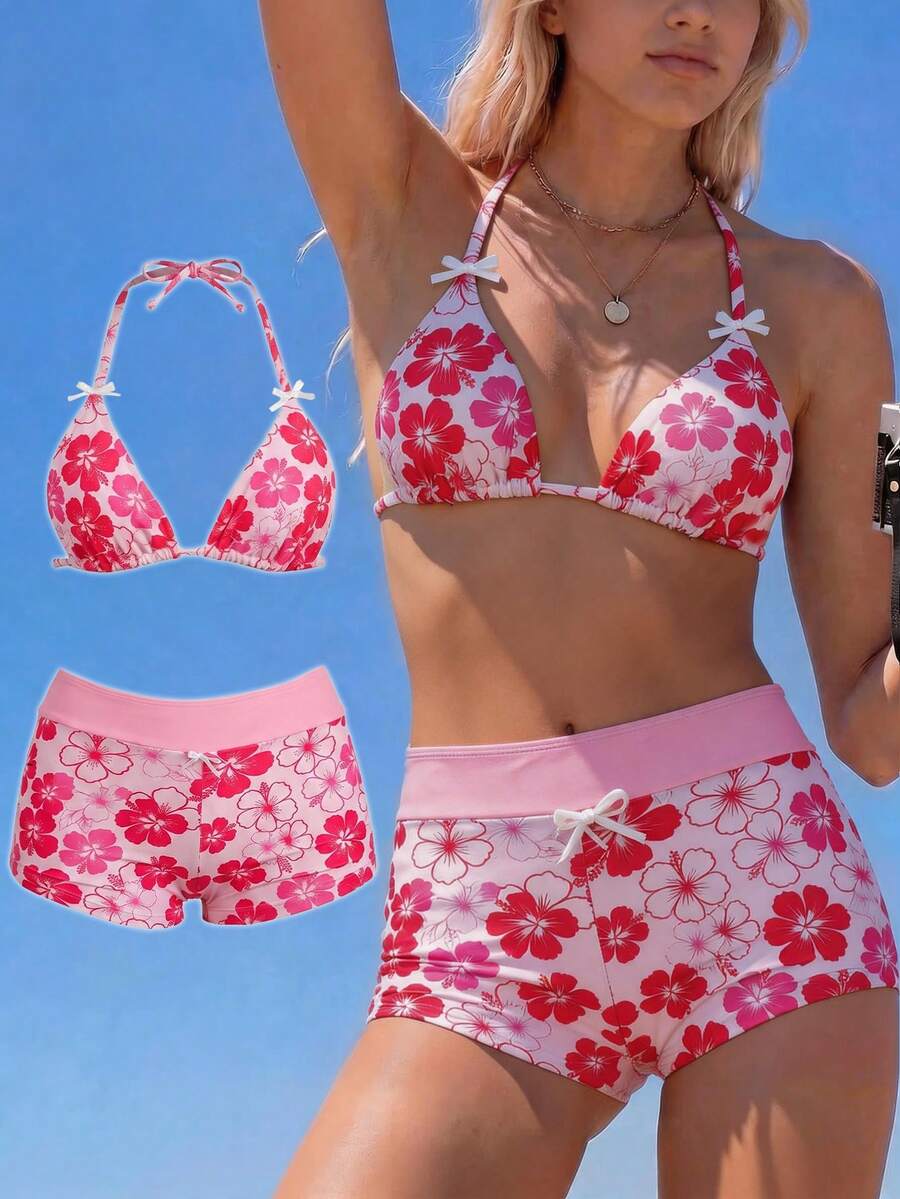 Elavelle Pink Hibiscus Necklace Triangle Cup Split-Body Swimsuit For Women Two Pieces Swimsuit For Beach Vacation Vacation,Summer Beach Vacation Tropical - Multicolor - View 1