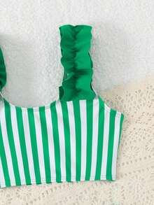SHEIN Young Girl Spaghetti Strap Striped Vacation Style Bikini Set - Green - View 4
