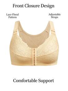 DesireSculpt 1pc Plus Size Front Closure Lace Patchwork Lingerie - Apricot - View 4