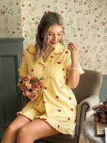 CottageSlumber Pink Heart Print Ruffle Collar Button-Up Short Sleeve Shorts Pajama Set Plus Size - Yellow - View 4