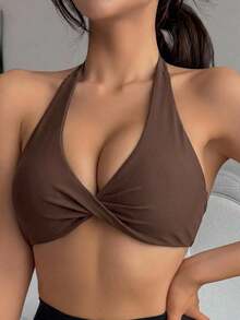 DAZY Solid Color Halter Neck Twist Front Slight Push-Up Women's Sports Bra - Brown - View 7