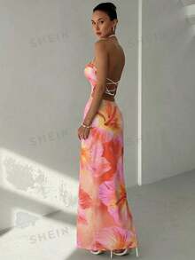 Aloruh Women Long Dresses Vacation Pink Orange Tropical,Wedding Guest,Graduation Dress - Orange - View 2