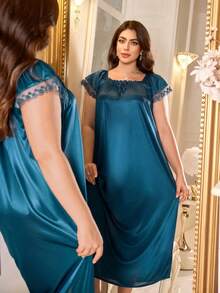 MuseNap CURVE Plus Size Women's Solid Color Square Neck Lace Patchwork Loose Nightgown - Teal Blue - View 6