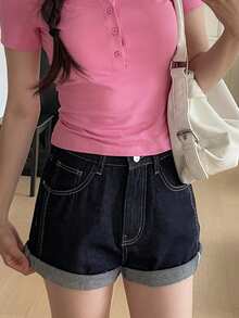 DAZY 女款都會休閒寬鬆原色丹寧短褲 - 深色水洗藍 - 查看 7