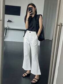 DAZY Women's Business Casual Solid Color Flared Pants With Slant Pockets Vacation White Autumn Work Office - White - View 3
