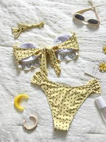 Swim Vcay Spring/Summer Solid Color Shoulder Strap Jacquard Fabric Non-Wired Bow Decor Cute Beach Vacation Swimsuit Set - Yellow - View 4
