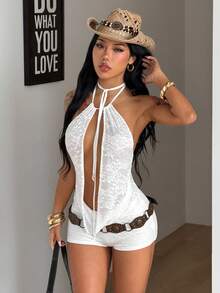 Coolane Mono blanco elástico con encaje, básico, elegante, boho chic, para vacaciones de verano para mujer - Blanco - Ver 6
