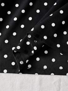 SHEIN Kids Tween Girl Fashion Casual Cute Knit Black And White Polka Dot Pattern Round Neck Short Sleeve Knit Striped Ruffle Sleeve T-Shirt And Striped Shorts 2pcs Set - Black - View 4