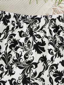 Sparklyn Pakaian Kasual Sehari-hari untuk Remaja Perempuan: Kaos Polos Kerah Bulat Berlipit dan Celana Motif Cetak Seluruh Permukaan - Hitam - View 4