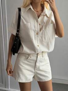 Livesso Spring Summer Loose Casual Street Style Denim Shirt Cardigan Off-White Top Valentine's Day Wedding Vacation Office Outdoor Straight Leg Jeans 2pcs - Beige - View 6