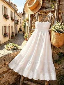 SHEIN Franclia Vestido de tirantes casual de unicolor bordado para vacaciones de mujer - Blanco - Ver 2