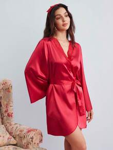 Elorette 女士撞色蕾丝长袖纯色优雅睡袍，奢华家居服，舒适优雅细节，秋冬款 - 酒紅色 - 查看 4