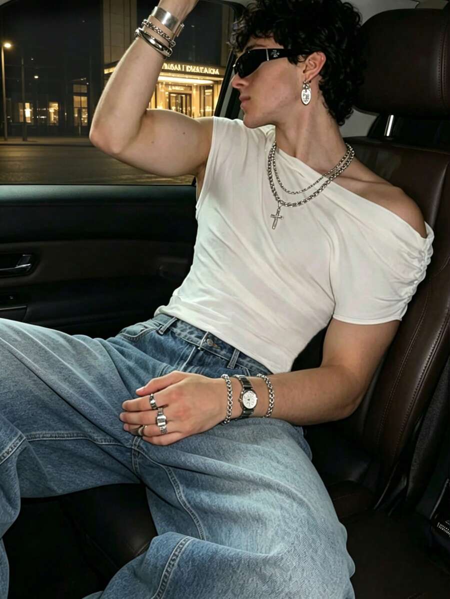 Manfinity Dauomo Men's Casual Solid Color Asymmetrical Collar T-Shirt - White - View 1
