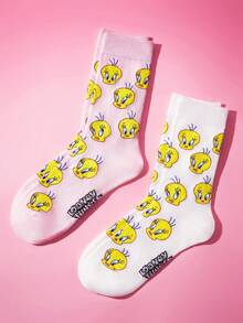 LOONEY TUNES X SHEIN 1雙女款格子卡通圖案可愛筒襪 - 白色 - 查看 4