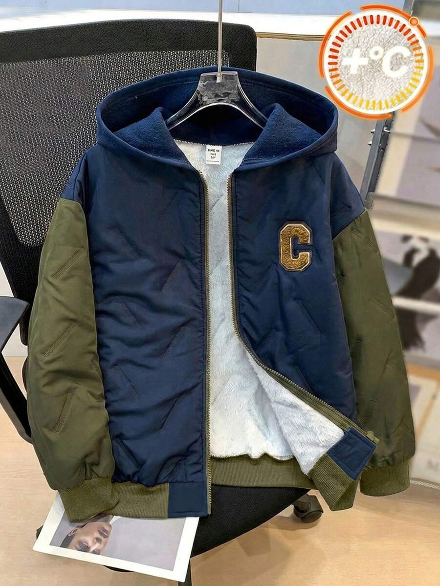 SHEIN 兒童青少年男孩休閒學院風拼接撞色連帽開襟厚織冬外套派克大衣,適合學校、花園、海灘、生日、秋季、春季、夏季、秋天 - 軍綠色 - 查看 1