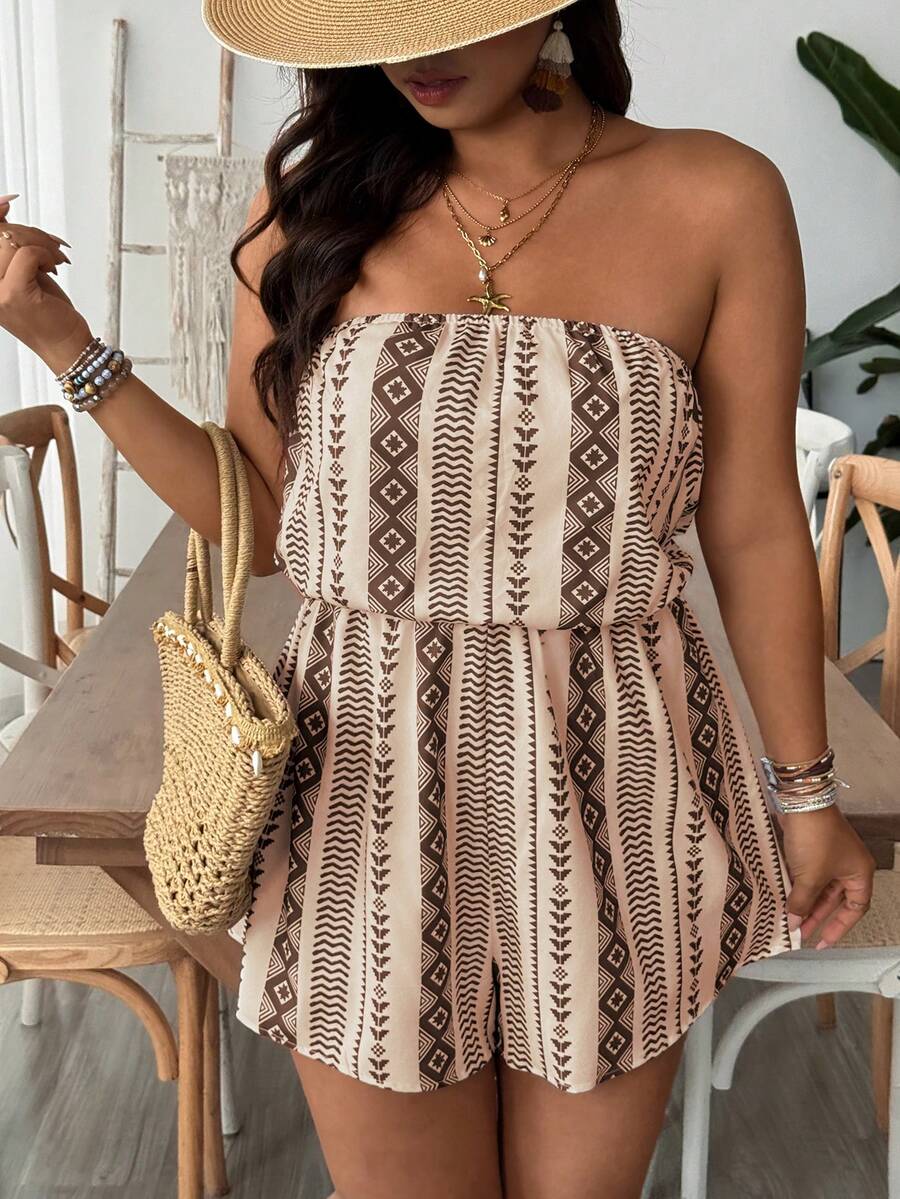 SHEIN VCAY Plus Floral Print Tube Romper Spring Summer Women - Brown - View 1
