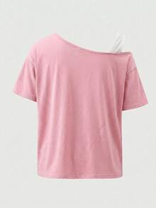SHEIN Girlism 青少年女孩粉色與白色 T-shirt，2合1設計，蝴蝶結印花，對比色 T-shirt，設計款 T-shirt，不對稱，寬鬆，休閒，青少年女孩，運動風 - 粉色 - 查看 2