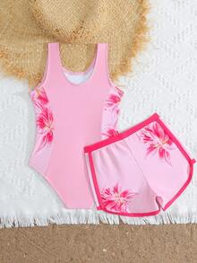 SHEIN 少女粉色側邊印花連身泳衣配對比滾邊短褲，適合游泳、夏季度假 - 淺粉色 - 查看 2