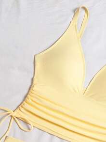 Swim SXY 女款 2 件組多色豹紋深 V 領雙肩帶抓皺休閒海灘比基尼泳衣套裝 - 淡黃色 - 查看 3