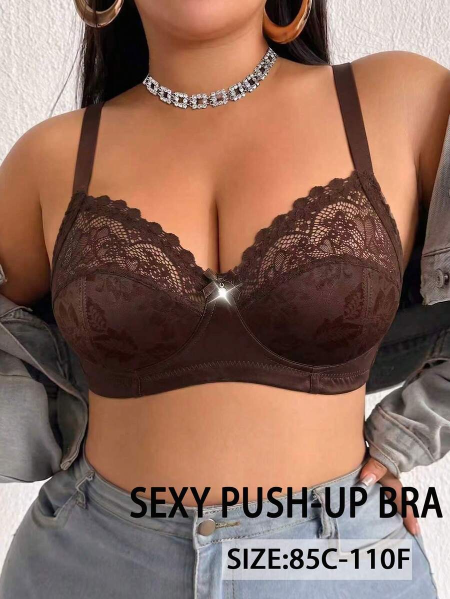 DesireSculpt Plus Size Lace Patchwork Underwire Bustier Single Piece - Brown - View 1