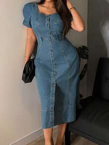 Dazy Plus Dark Wash Blue Square Neck Puff Sleeve Fitted Maxi Denim Dress, Spring/Summer - Dusty Blue - View 6