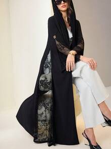 Al Najma 女款優雅素色蕾絲拼接長袍 - 黑色 - 查看 7